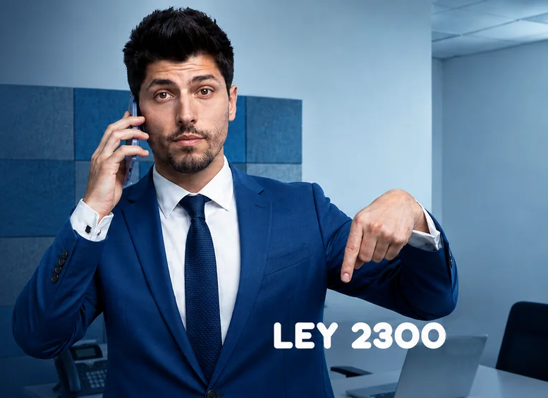 Hombre de negocios en traje azul hablando por teléfono y señalando hacia abajo, donde se lee el texto LEY 2300.