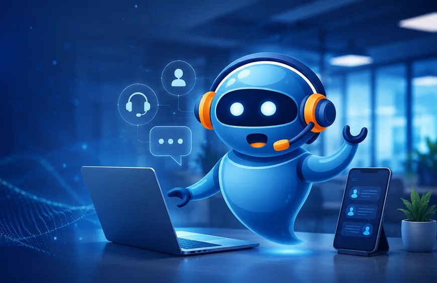 Robot azul con auriculares trabajando en una oficina moderna frente a una computadora y un teléfono inteligente.